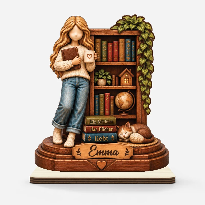 [3D-Optik] Einfach Ein Mädchen Das Bücher Liebt - Holzaufsteller Personalisiert Mit Standfuß Frauen Bücherregal