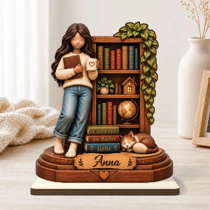[3D-Optik] Einfach Ein Mädchen Das Bücher Liebt - Holzaufsteller Personalisiert Mit Standfuß Frauen Bücherregal