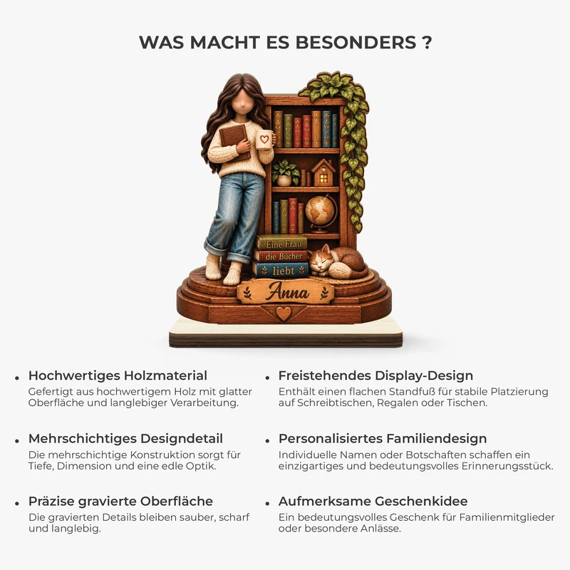 [3D-Optik] Einfach Ein Mädchen Das Bücher Liebt - Holzaufsteller Personalisiert Mit Standfuß Frauen Bücherregal