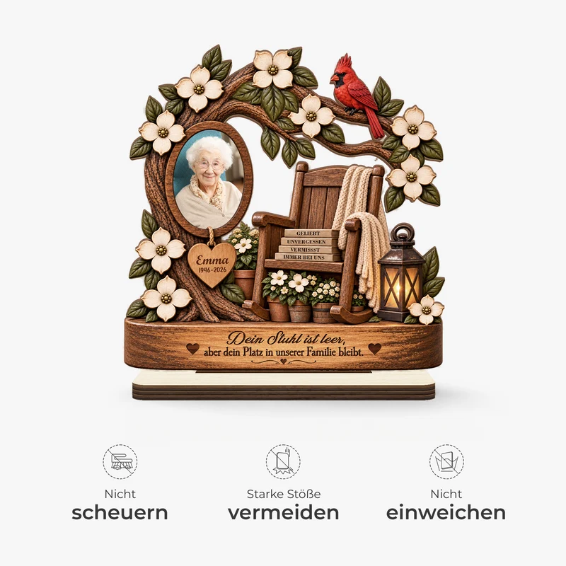 Dein Stuhl Ist Leer Aber Dein Platz In Unserer Familie Bleibt - Holzaufsteller Personalisiert Mit Standfuß Foto Zur Erinnerung