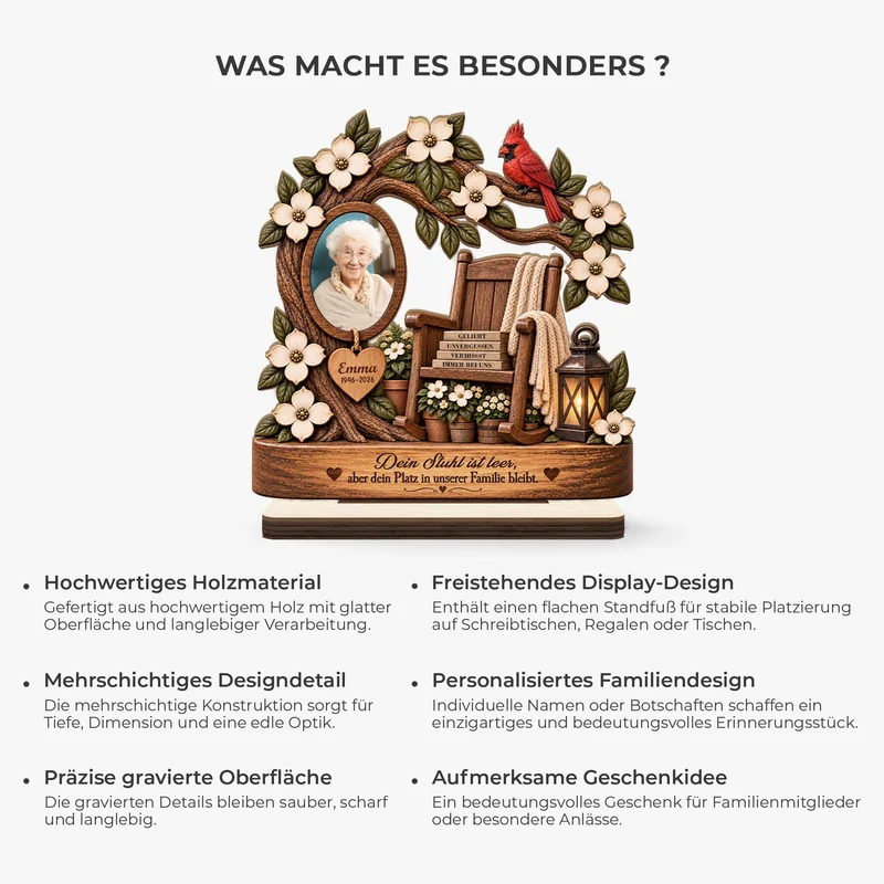 Dein Stuhl Ist Leer Aber Dein Platz In Unserer Familie Bleibt - Holzaufsteller Personalisiert Mit Standfuß Foto Zur Erinnerung