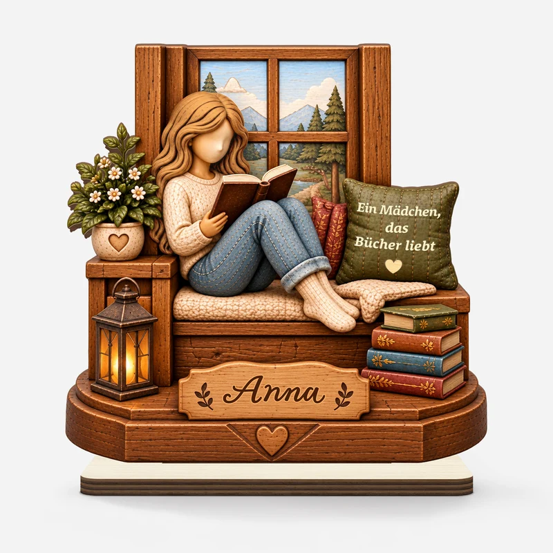 [3D-Optik] Einfach Ein Mädchen Das Bücher Liebt - Holzaufsteller Personalisiert Mit Standfuß Frauen Fenster