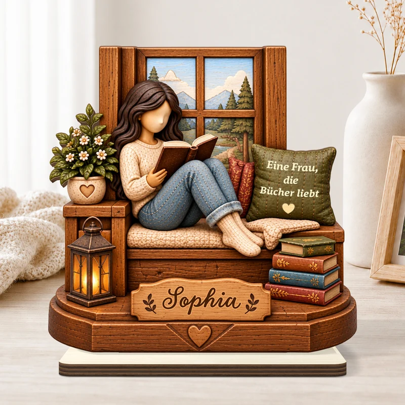 [3D-Optik] Einfach Ein Mädchen Das Bücher Liebt - Holzaufsteller Personalisiert Mit Standfuß Frauen Fenster