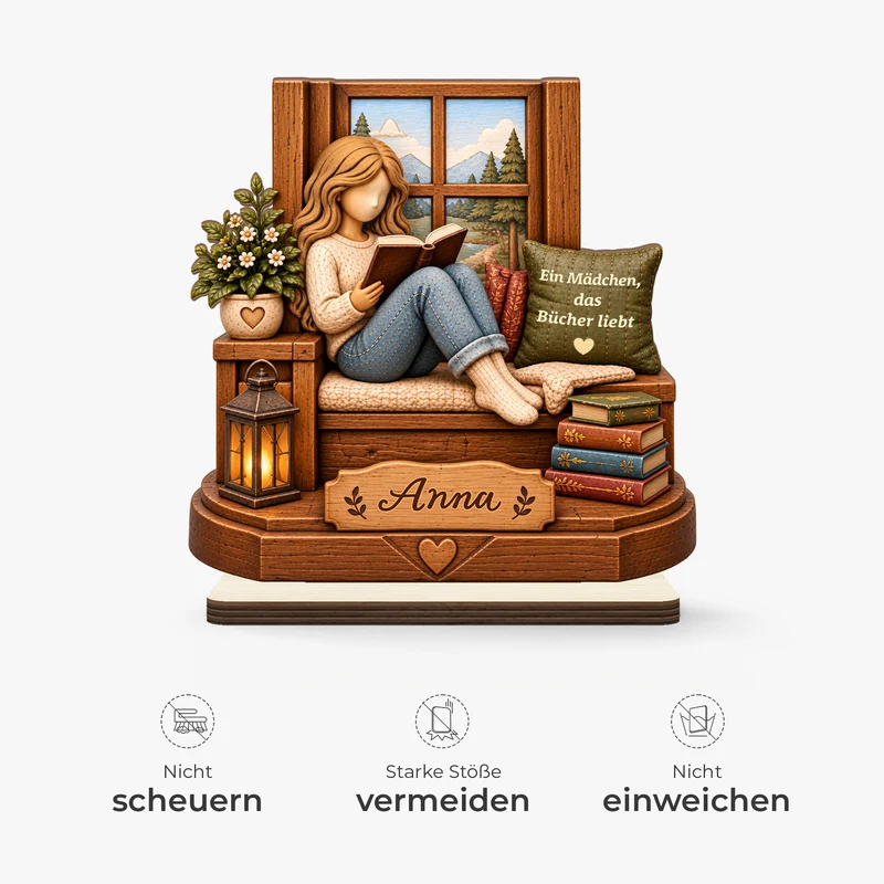 [3D-Optik] Einfach Ein Mädchen Das Bücher Liebt - Holzaufsteller Personalisiert Mit Standfuß Frauen Fenster