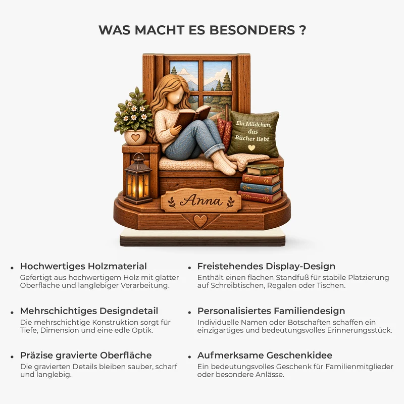 [3D-Optik] Einfach Ein Mädchen Das Bücher Liebt - Holzaufsteller Personalisiert Mit Standfuß Frauen Fenster