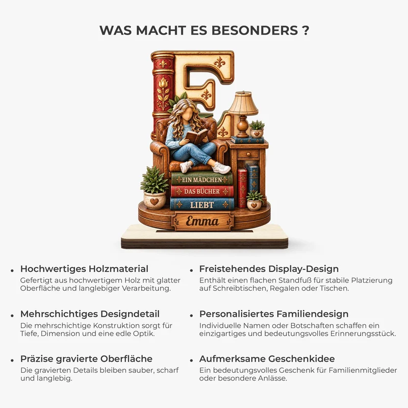 Einfach Ein Mädchen Das Bücher Liebt - Holzaufsteller Personalisiert Mit Standfuß Frauen + Alphabet