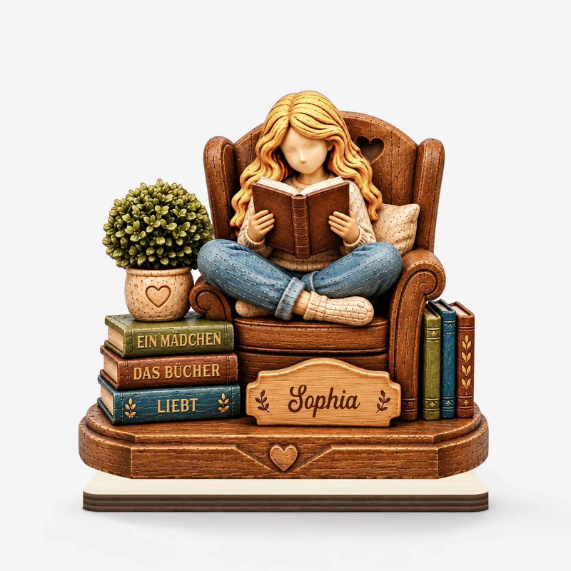 [3D-Optik] Einfach Ein Mädchen Das Bücher Liebt - Holzaufsteller Personalisiert Mit Standfuß Frauen Schneidersitz
