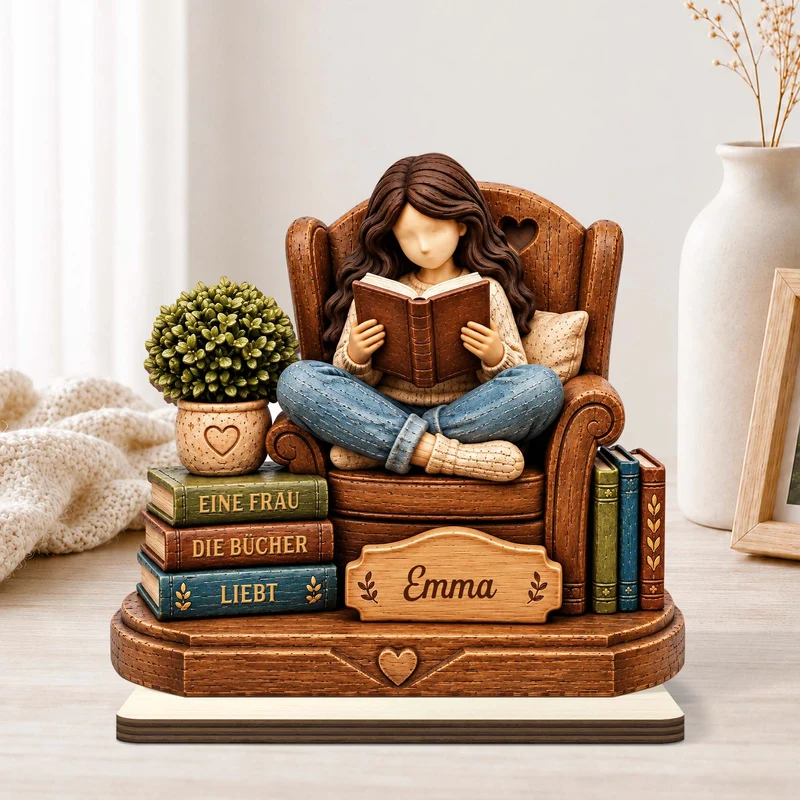 [3D-Optik] Einfach Ein Mädchen Das Bücher Liebt - Holzaufsteller Personalisiert Mit Standfuß Frauen Schneidersitz