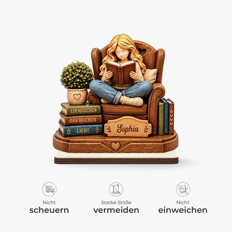 [3D-Optik] Einfach Ein Mädchen Das Bücher Liebt - Holzaufsteller Personalisiert Mit Standfuß Frauen Schneidersitz