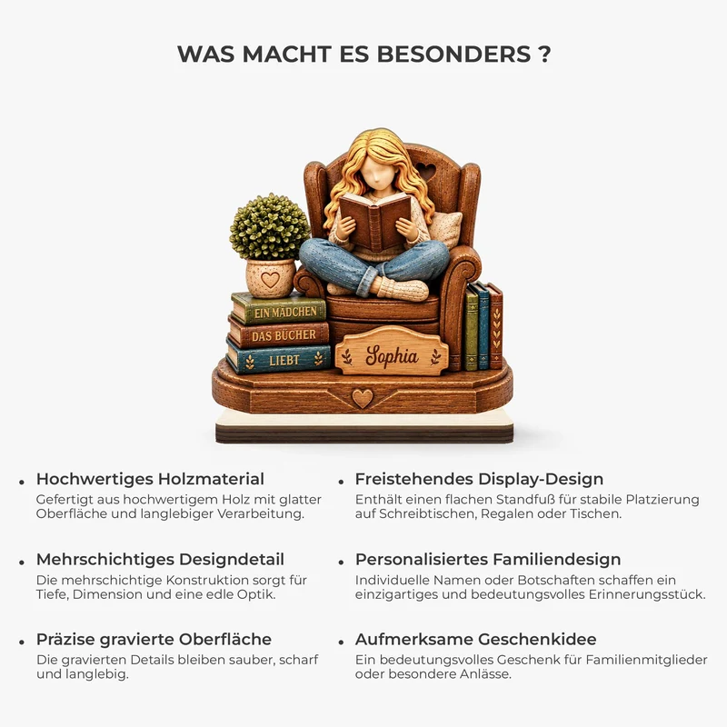 [3D-Optik] Einfach Ein Mädchen Das Bücher Liebt - Holzaufsteller Personalisiert Mit Standfuß Frauen Schneidersitz