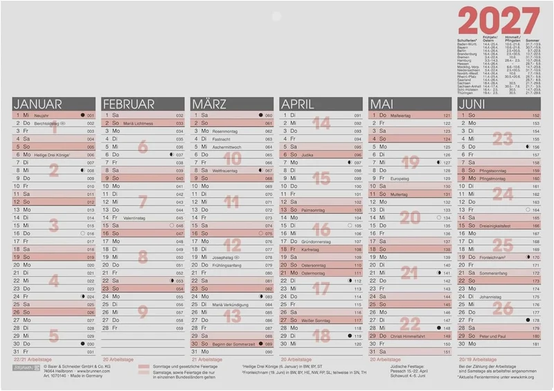 BRUNNEN Tischkalender 2027 A4 quer – Halbjahresübersicht