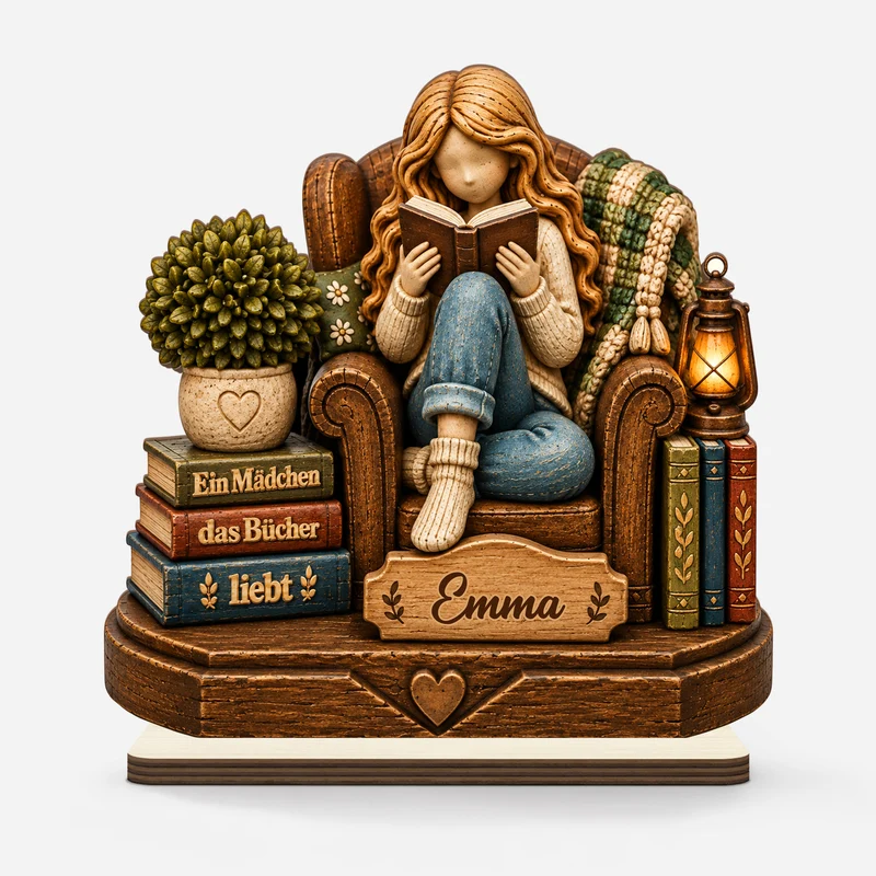 [3D-Optik] Einfach Ein Mädchen Das Bücher Liebt - Holzaufsteller Personalisiert Mit Standfuß Frauen
