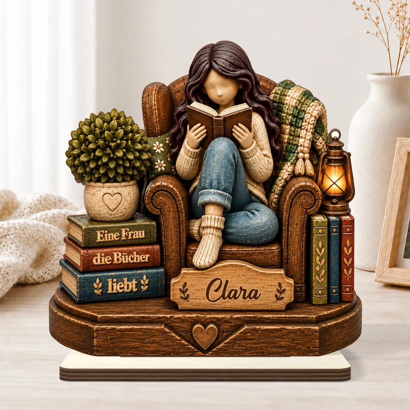 [3D-Optik] Einfach Ein Mädchen Das Bücher Liebt - Holzaufsteller Personalisiert Mit Standfuß Frauen