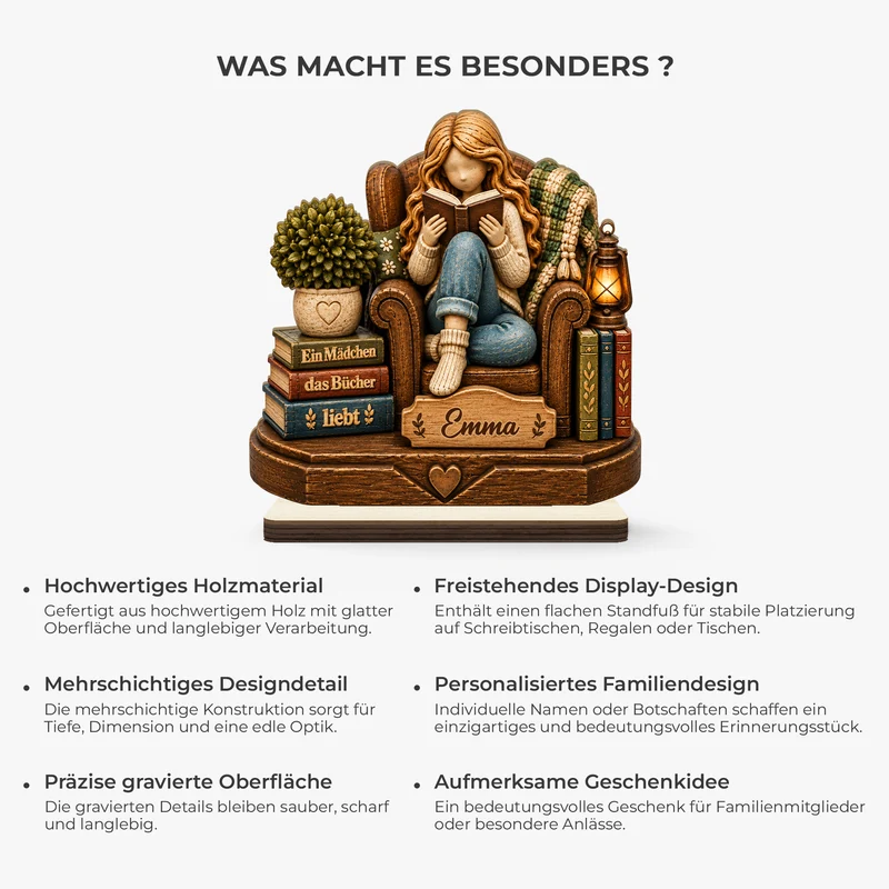 [3D-Optik] Einfach Ein Mädchen Das Bücher Liebt - Holzaufsteller Personalisiert Mit Standfuß Frauen