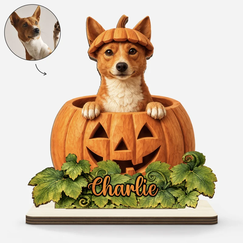 [3D-Optik] Haustier AI Bild Generator - Halloween Holzaufsteller Personalisiert Mit Standfuß