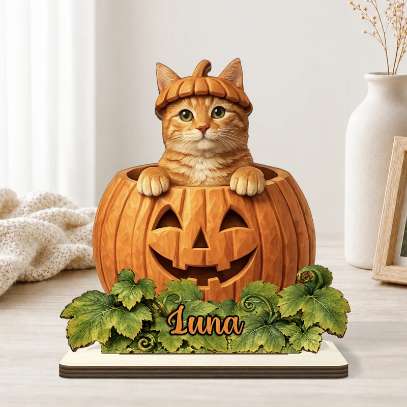 [3D-Optik] Haustier AI Bild Generator - Halloween Holzaufsteller Personalisiert Mit Standfuß