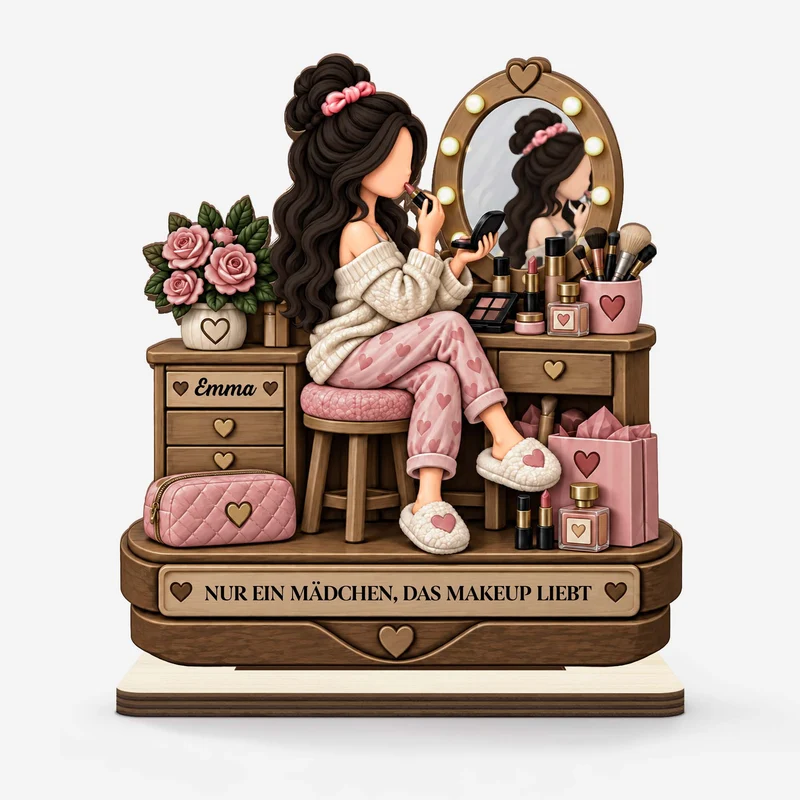 [3D-Optik] Nur Ein Mädchen Das Makeup Liebt - Holzaufsteller Personalisiert Mit Standfuß