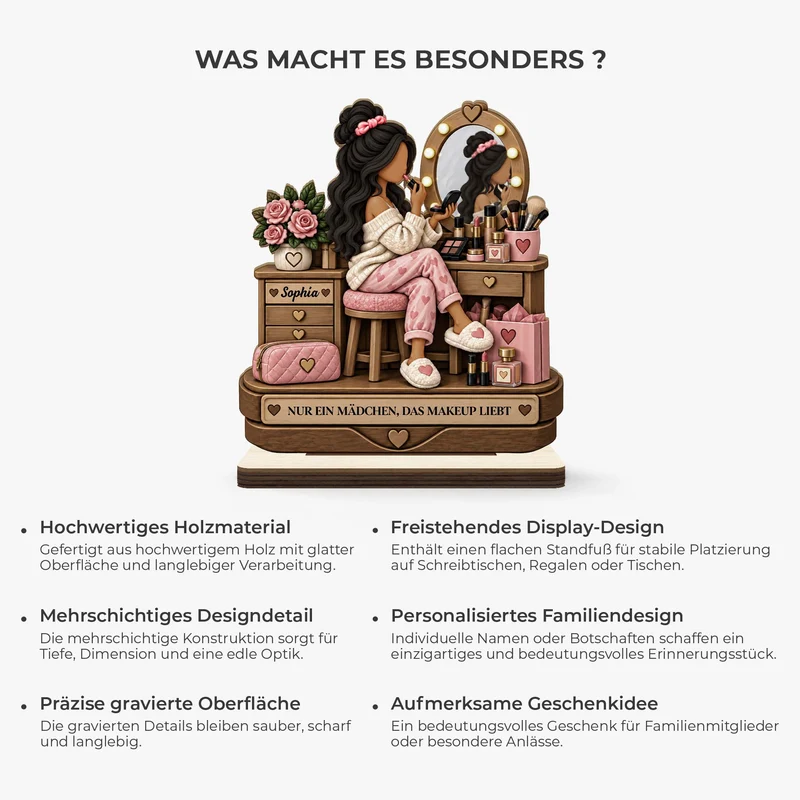 [3D-Optik] Nur Ein Mädchen Das Makeup Liebt - Holzaufsteller Personalisiert Mit Standfuß