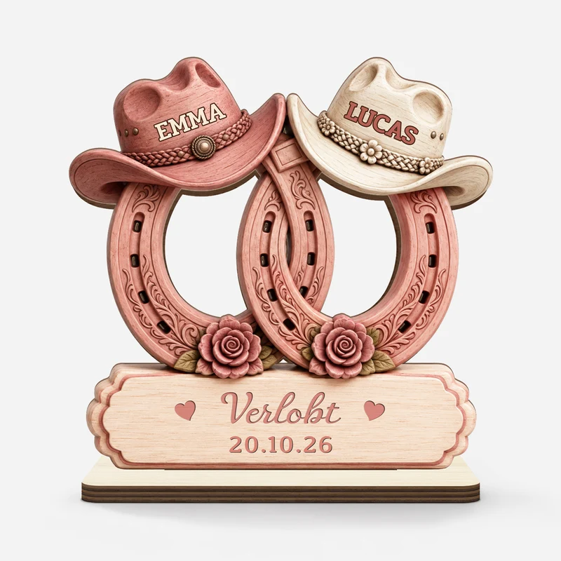 [3D-Optik] Pferd Hufabdruck Verlobt Verheiratet - Holzaufsteller Personalisiert Mit Standfuß Paar Pink