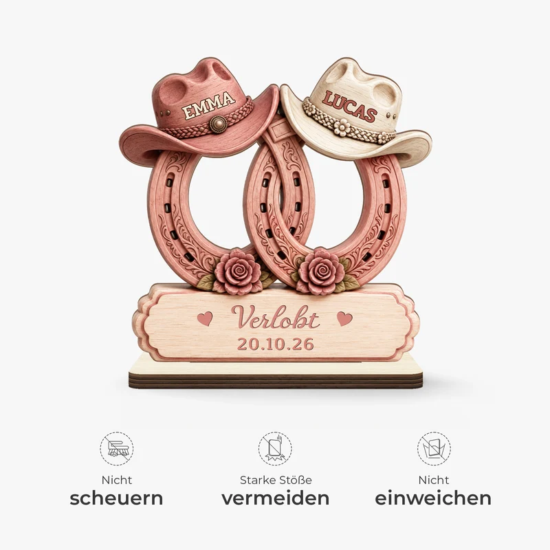 [3D-Optik] Pferd Hufabdruck Verlobt Verheiratet - Holzaufsteller Personalisiert Mit Standfuß Paar Pink