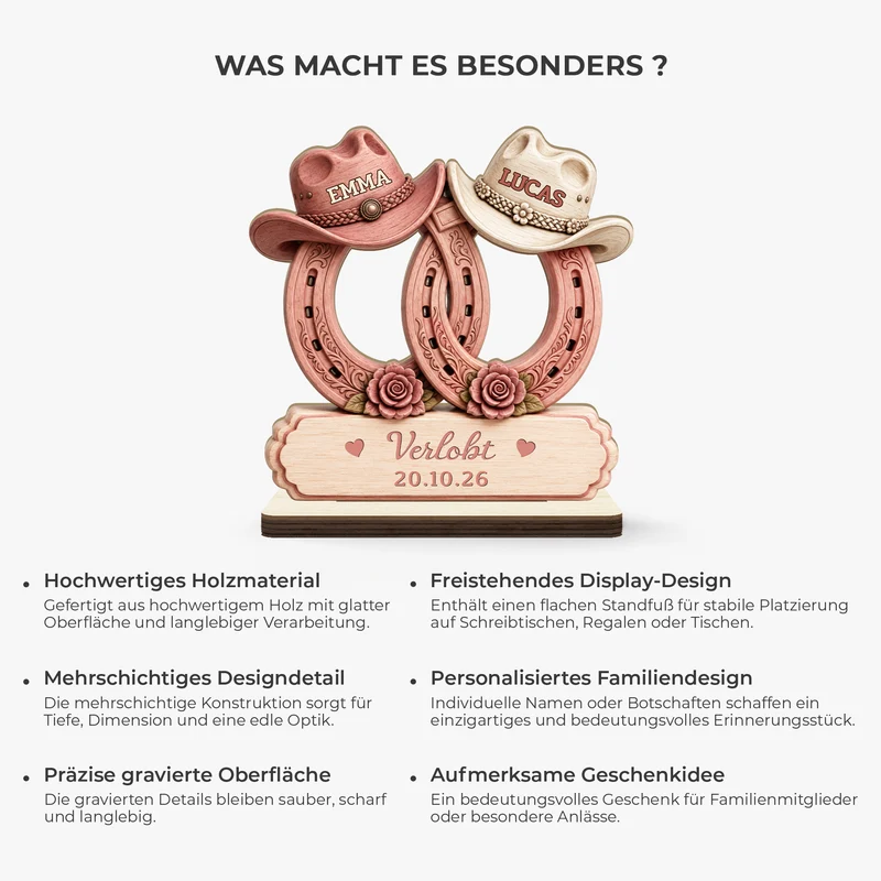 [3D-Optik] Pferd Hufabdruck Verlobt Verheiratet - Holzaufsteller Personalisiert Mit Standfuß Paar Pink