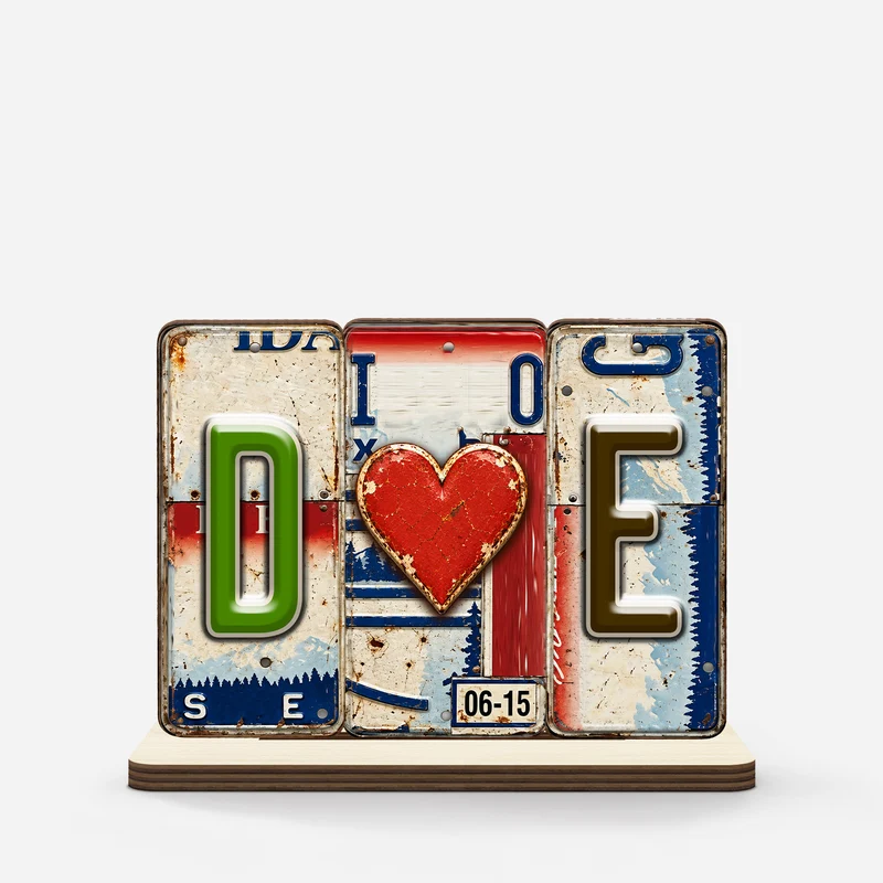 [3D Printing Effect] Personalised Plaques - Couple License Plate Wooden Plaque With Flat Stand [3D-Optik] Kraftfahrzeugkennzeichen - Holzaufsteller Personalisiert Mit Standfuß Paar