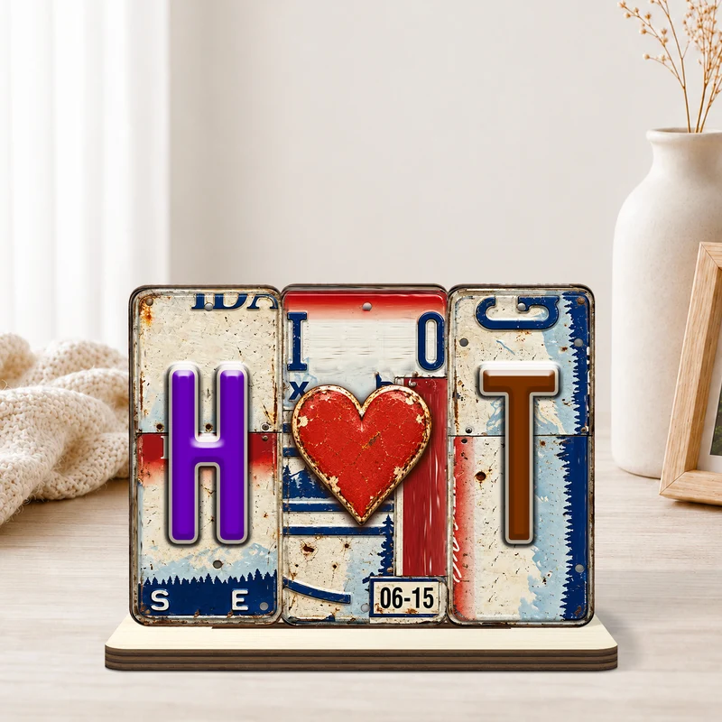 [3D Printing Effect] Personalised Plaques - Couple License Plate Wooden Plaque With Flat Stand [3D-Optik] Kraftfahrzeugkennzeichen - Holzaufsteller Personalisiert Mit Standfuß Paar