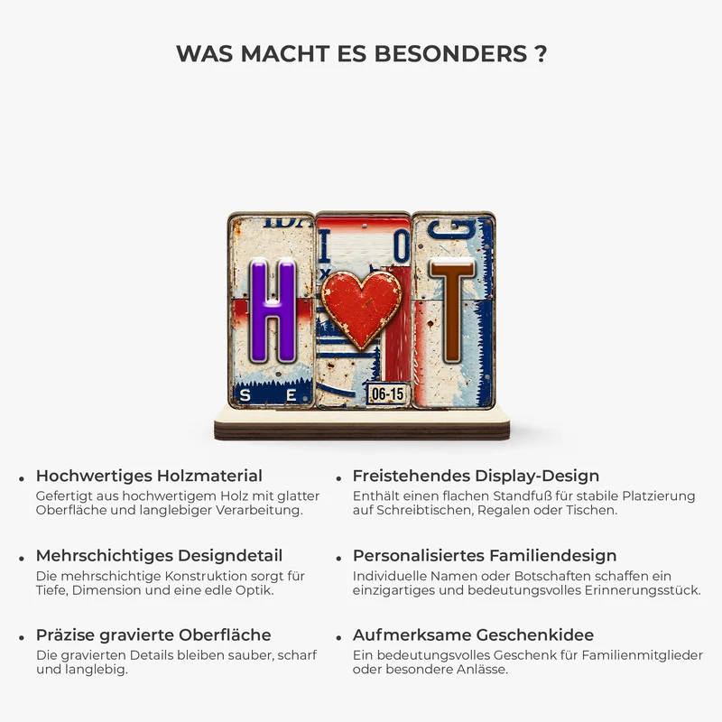 [3D Printing Effect] Personalised Plaques - Couple License Plate Wooden Plaque With Flat Stand [3D-Optik] Kraftfahrzeugkennzeichen - Holzaufsteller Personalisiert Mit Standfuß Paar