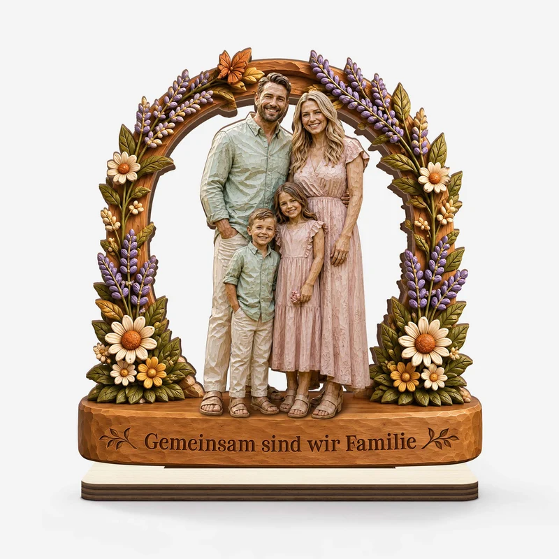 [3D-Optik] Zuhause Ist Da Wo Wir Zusammen Sind - Holzaufsteller Personalisiert Mit Standfuß Familie AI Bild Generator