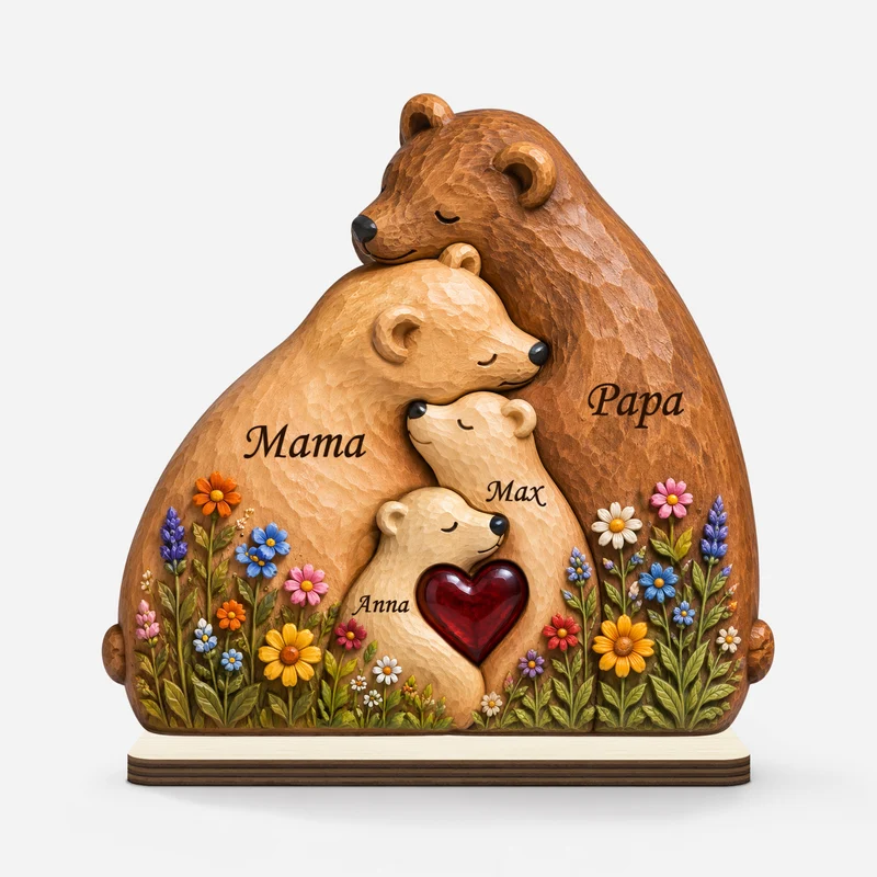 [3D-Optik] Bär Familie Holz - Holzaufsteller Personalisiert Mit Standfuß