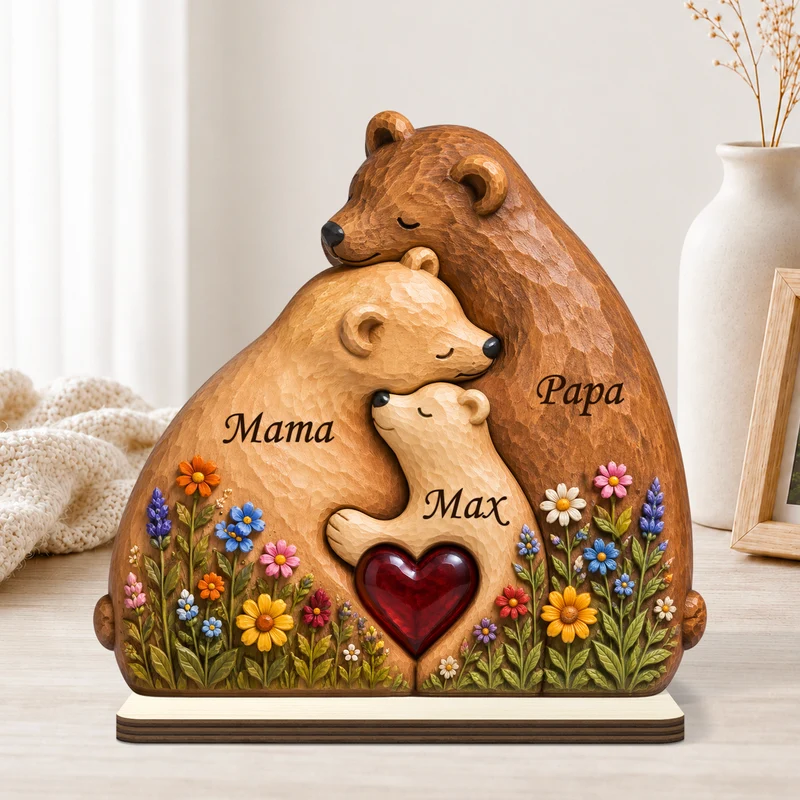 [3D-Optik] Bär Familie Holz - Holzaufsteller Personalisiert Mit Standfuß