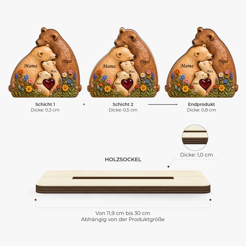 [3D-Optik] Bär Familie Holz - Holzaufsteller Personalisiert Mit Standfuß