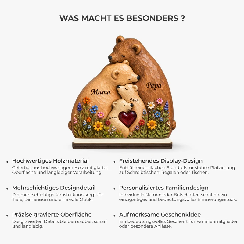 [3D-Optik] Bär Familie Holz - Holzaufsteller Personalisiert Mit Standfuß