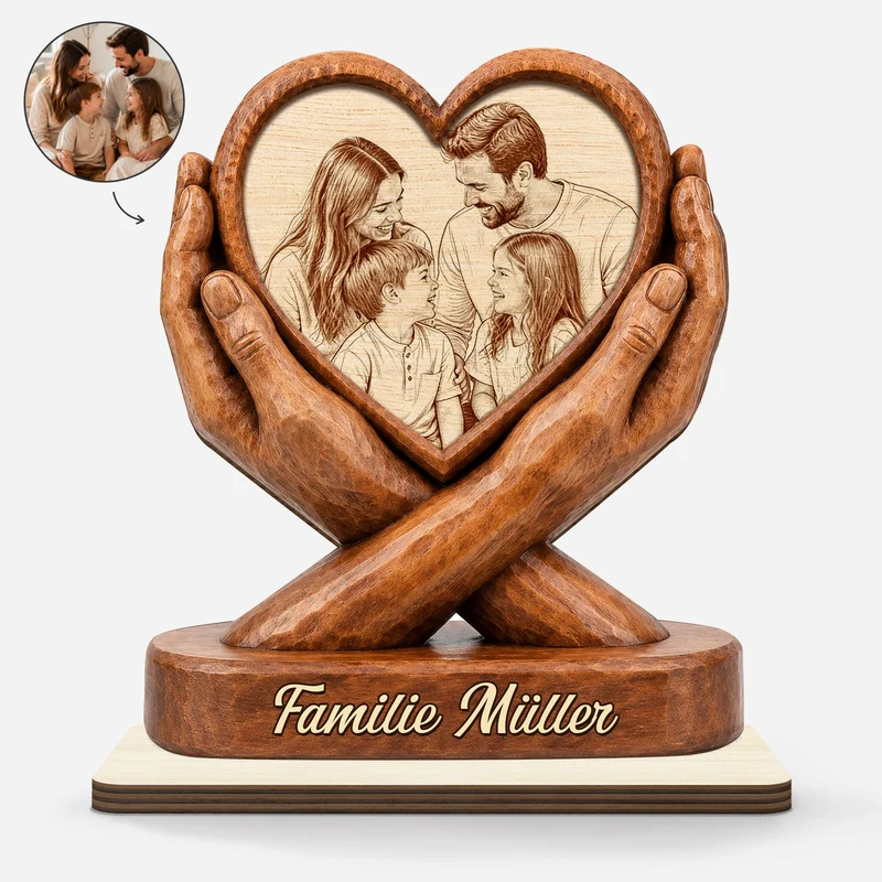 [3D-Optik] Familie Smith – Personalisiertes Holzschild Herz Familie Foto