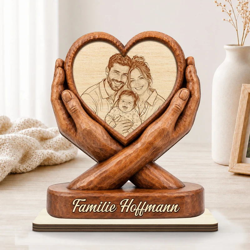 [3D-Optik] Familie Smith – Personalisiertes Holzschild Herz Familie Foto