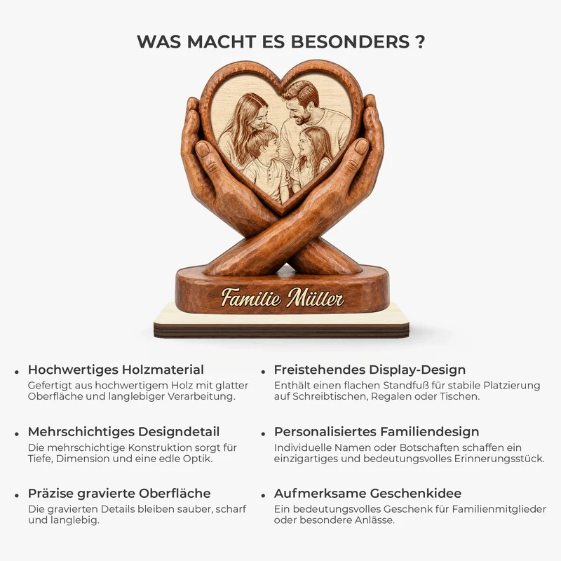 [3D-Optik] Familie Smith – Personalisiertes Holzschild Herz Familie Foto