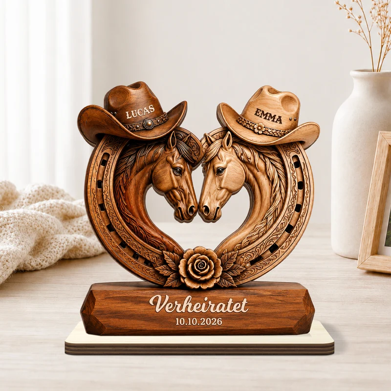 [3D-Optik] Hufabdruck Pferd Verlobt Verheiratet - Holzaufsteller Personalisiert Mit Standfuß Paar