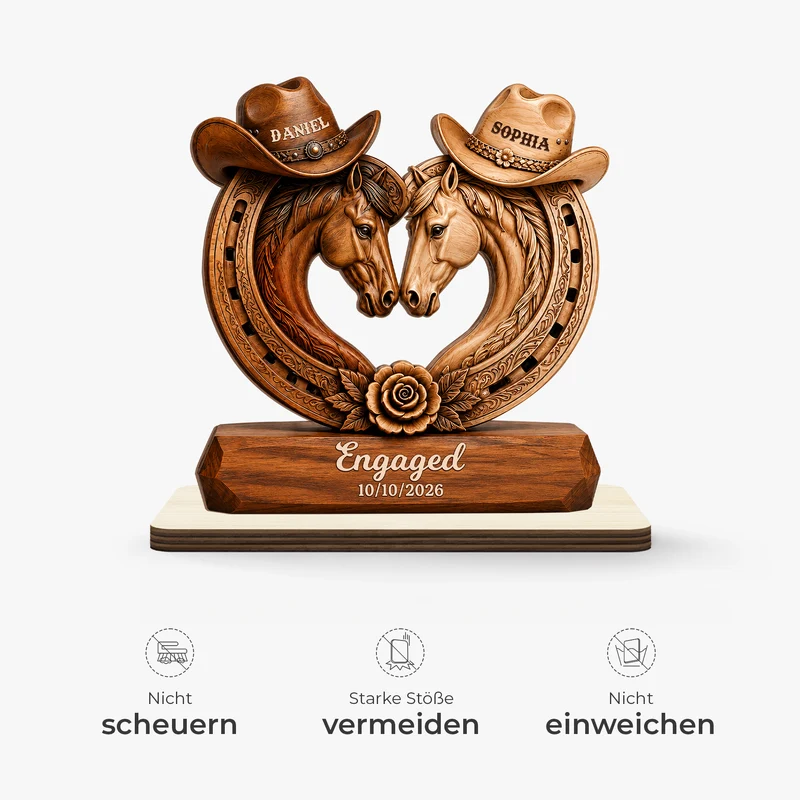 [3D-Optik] Hufabdruck Pferd Verlobt Verheiratet - Holzaufsteller Personalisiert Mit Standfuß Paar