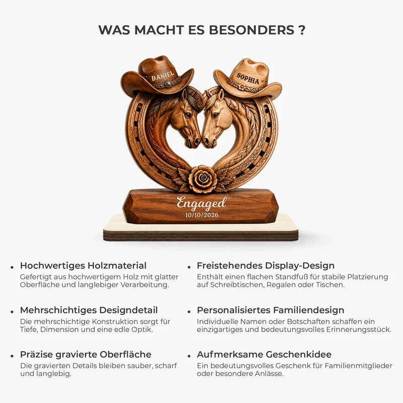 [3D-Optik] Hufabdruck Pferd Verlobt Verheiratet - Holzaufsteller Personalisiert Mit Standfuß Paar