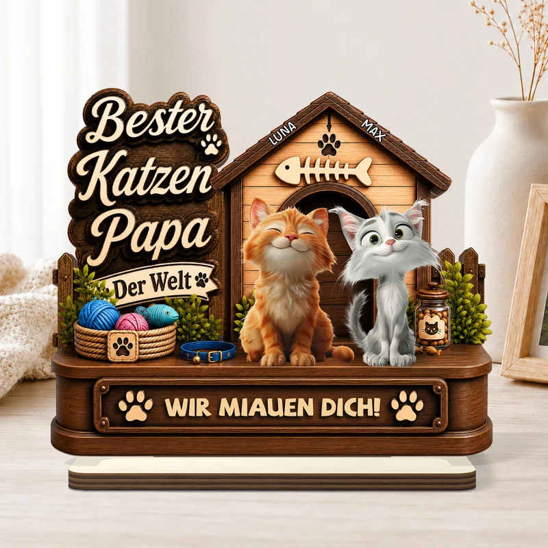 Bester Katzenpapa Aller Zeiten - Personalisierte Geschenke Katze | Holzaufsteller Mit Standfuß