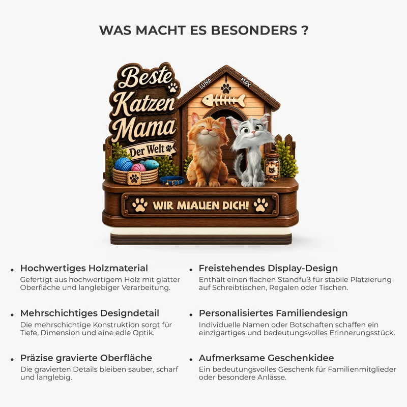 Bester Katzenpapa Aller Zeiten - Personalisierte Geschenke Katze | Holzaufsteller Mit Standfuß