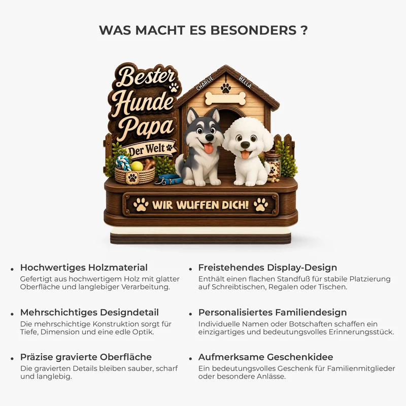 Bester Hundepapa Aller Zeiten - Personalisiertes Hunde Geschenk | Holzaufsteller Mit Standfuß