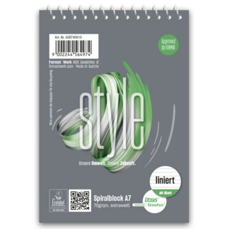Staufen Spiralblock A7 liniert – 40 Blatt, grau