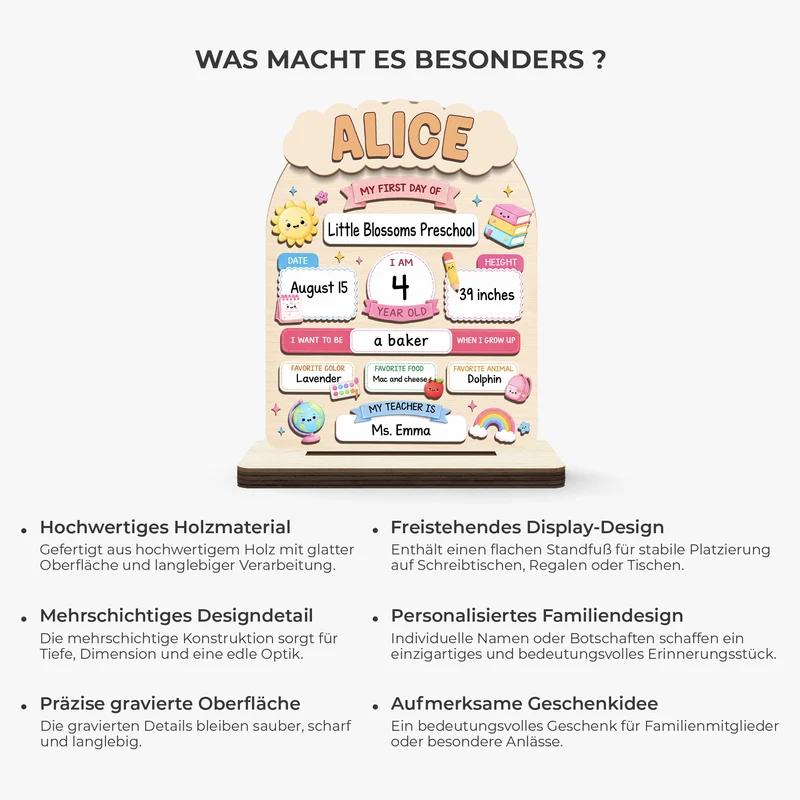 Mein Erster Tag Im Kindergarten - Holzaufsteller Personalisiert Mit Standfuß Kinder Schulstart