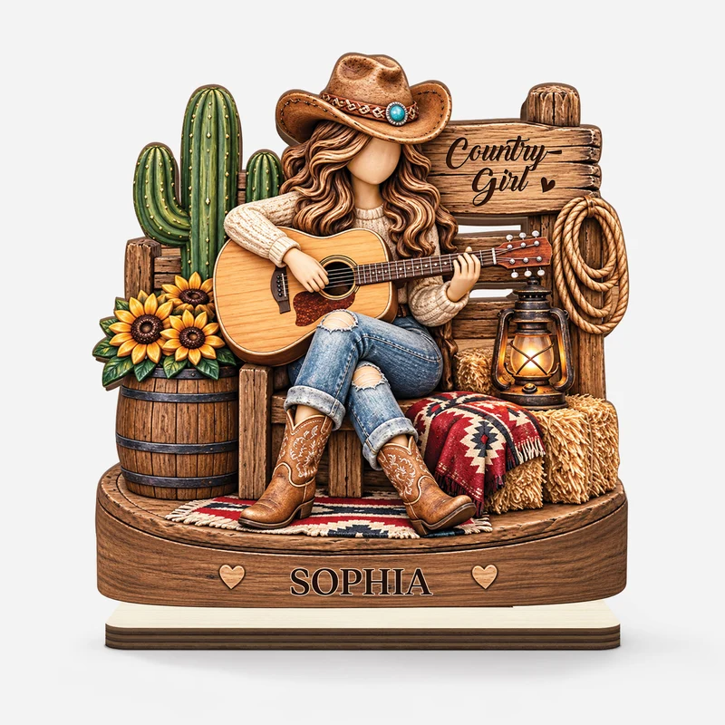 [3D-Optik] Country-Girl Country-Boy Gitarre - Holzaufsteller Personalisiert Mit Standfuß