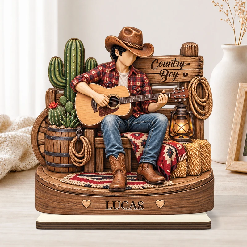 [3D-Optik] Country-Girl Country-Boy Gitarre - Holzaufsteller Personalisiert Mit Standfuß