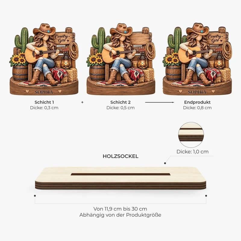 [3D-Optik] Country-Girl Country-Boy Gitarre - Holzaufsteller Personalisiert Mit Standfuß