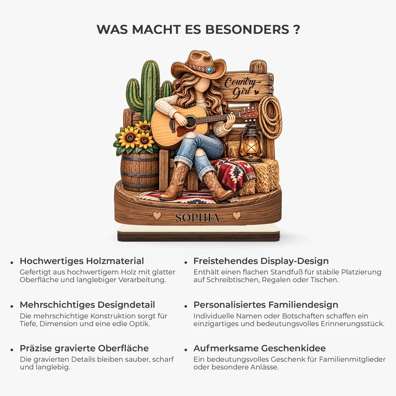 [3D-Optik] Country-Girl Country-Boy Gitarre - Holzaufsteller Personalisiert Mit Standfuß