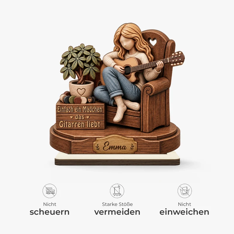 [3D-Optik] Einfach Ein Mädchen Das Gitarren Liebt - Holzaufsteller Personalisiert Mit Standfuß