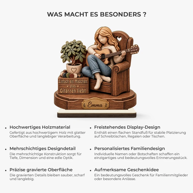 [3D-Optik] Einfach Ein Mädchen Das Gitarren Liebt - Holzaufsteller Personalisiert Mit Standfuß